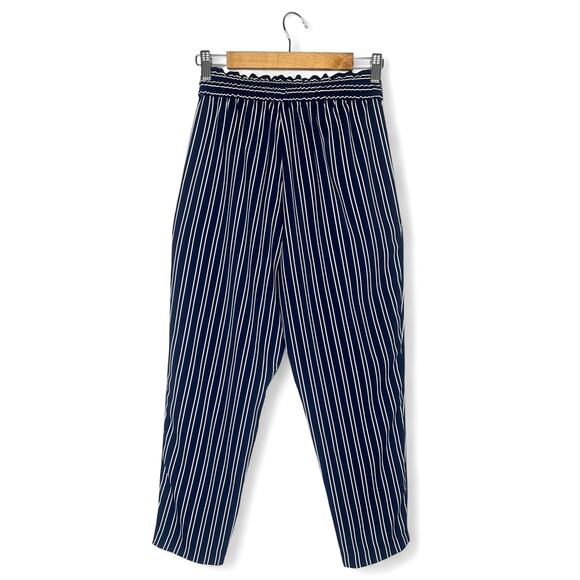 Zara Women's Striped Drawstring Pants Size S Navy White Elastic Waist Trouser - Picture 4 of 10